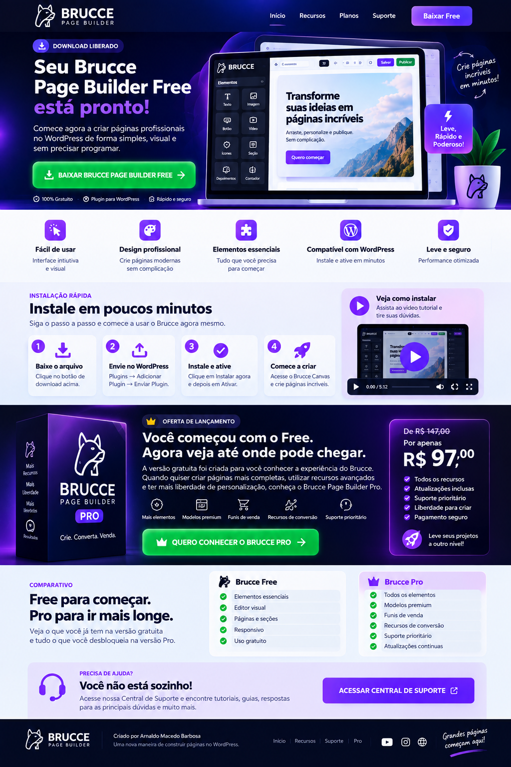 Interface visual do Brucce Page Builder
